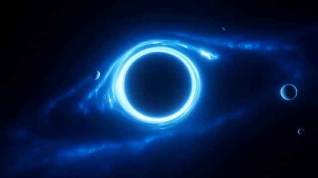 Ring of Light with Cosmic Elements in Space, Hyperrealistic Binary Blue and Black Illustration Featuring Celestial, Glowing, Abstract with Futuristic