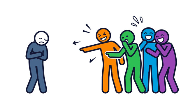 Sad victim isolated and bullied by a group with onlookers laughing. Suitable for antibullying campaigns and social awareness content.