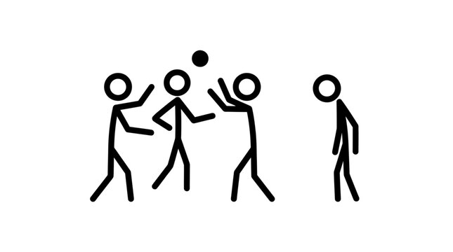 Stick figure group playing and one left out. Suitable for social exclusion, teamwork, diversity, inclusion concepts.