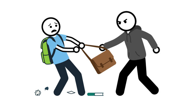 Sad, fearful student with a brown leather school bag being victimized by an aggressive bully or thief. Suitable for antibullying campaigns.