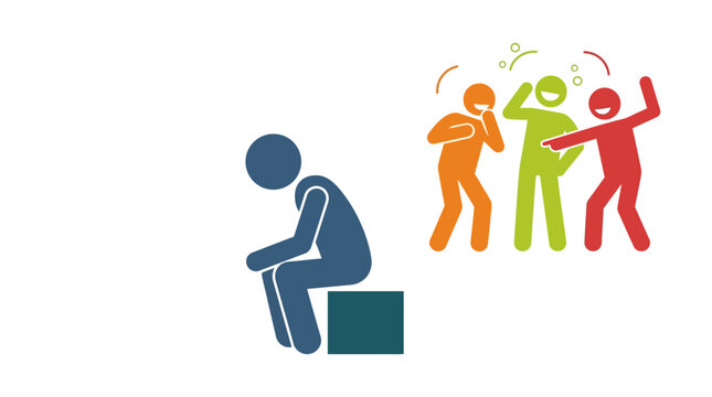 Lone, dejected figure apart from a taunting, colorful group. Perfect for conveying bullying, loneliness, or exclusion themes.