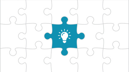 Blue puzzle piece on white background with lightbulb icon represents creativity and problemsolving. Perfect for concepts of ideas and solutions. © Luqman