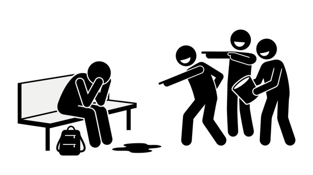 Sad schoolboy being bullied by three children in a schoolyard suitable for antibullying campaigns, educational materials, or social issue publications.