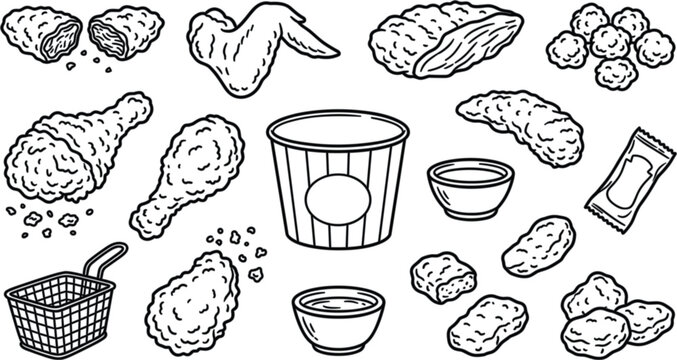 Fried chicken vector icon set featuring hand drawn fast food elements drumstick wing nugget bucket sauce and basket line art.