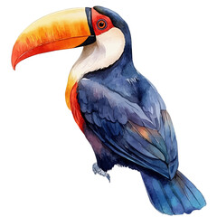 Toucan, refined watercolor illustration with luminous tones and soft layered brushwork, isolated on a white background. © lunaris