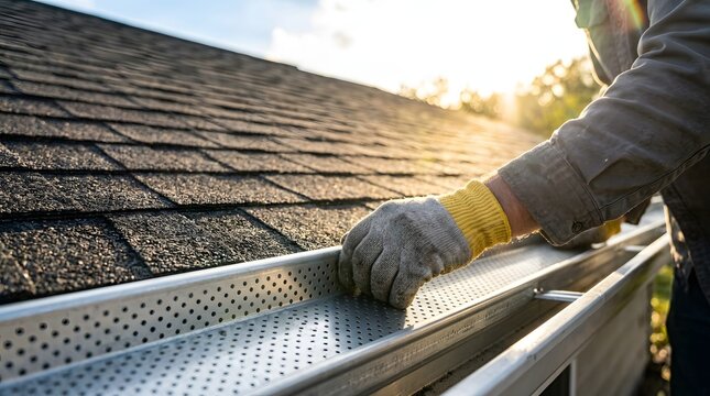 Worker installing perforated gutter guard on house roof to prevent clogs.