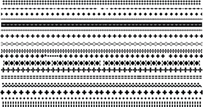 Decorative seamless borders and geometric line dividers set with black pattern brushes vector illustration isolated on white background