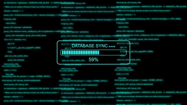 Database sync progress bar with glitch effect over scrolling computer code background synchronization