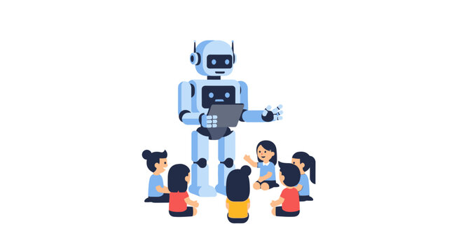 Robot Teacher Teaching a Group of Children in a Future Classroom, AI Education and Technology for Kids Flat Illustration