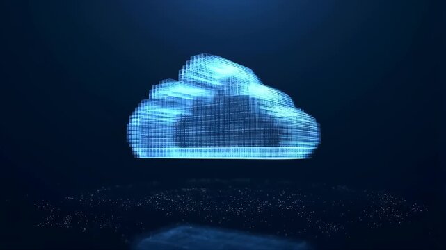 Cloud with Digital Grid Pattern on Dark Background, Futuristic Technology Concept Illustration Featuring Abstract, Cyber, Blue with Glowing and Light