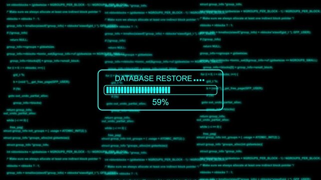 Database restore progress bar with glitch effect and scrolling code background, for cyber security, and software development projects