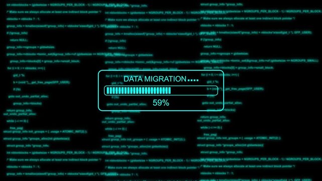 Data migration loading bar with glitch effect on blue programming code background, progress bar software development