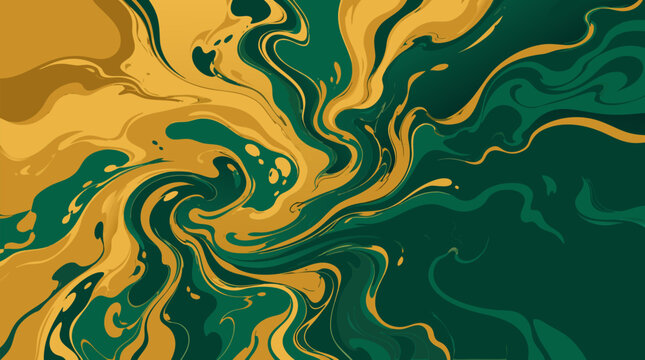 Luxurious marbled ink swirls fluidly blending shimmering metallic gold into rich deep emerald green with elegant abstract flowing patterns and organic liquid textures ideal for premium packaging
