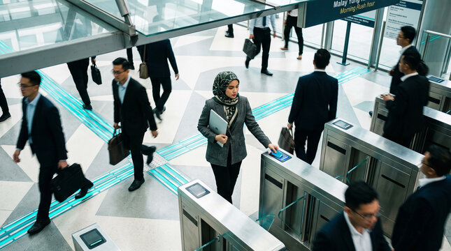 High angle view of a Muslim businesswoman wearing a hijab swiping an access card at a modern transit station turnstile during rush hour