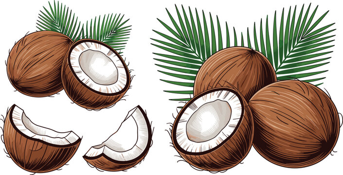 Fresh whole and half coconut vector illustration elements set with tropical palm leaves isolated on white background for food designs