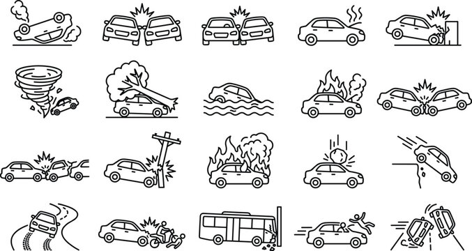 Car accident and road traffic disaster line icon set showing vehicle crash rollover fire flood tornado and insurance claims.