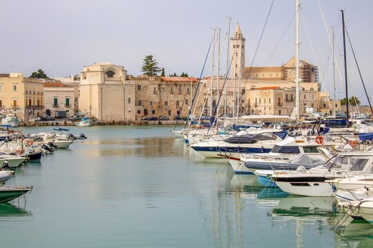 trani, italien - hafen mit segelbooten und athedrale san nicola pellegrino