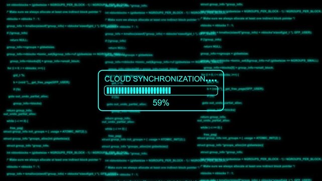Cloud synchronization progress bar with glitch digital code background, data transfer programming