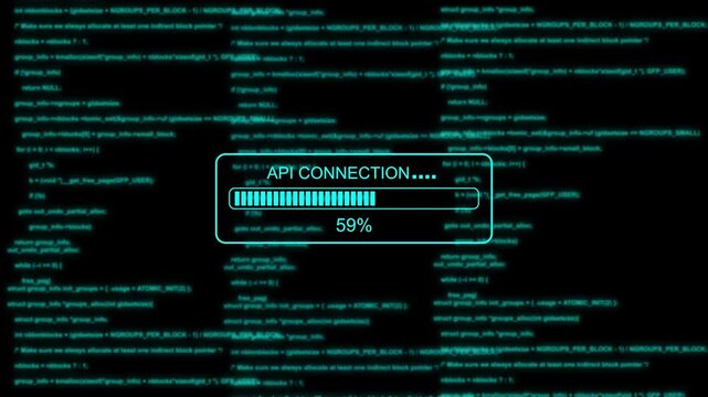 Api connection loading bar with scrolling digital programming code background, progress