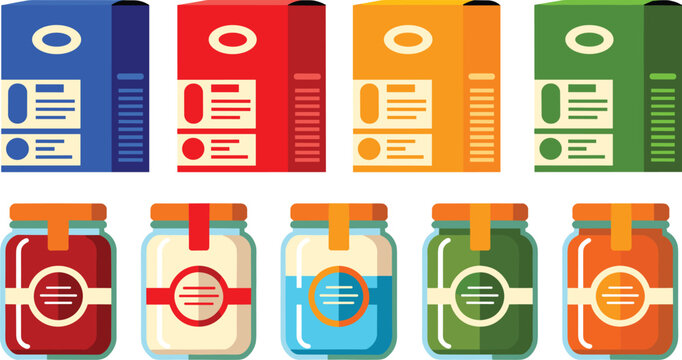 Food packaging set with colorful cardboard cereal boxes and glass grocery jars vector illustration isolated on white background