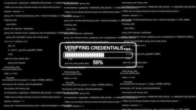 Digital credential verification loading bar with glitch effect and source code background credentials