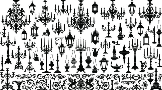 Spooky halloween decorations black silhouettes of chandeliers candelabras and lanterns for a haunted ambiance
