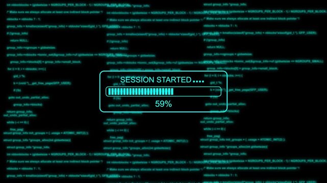 Digital loading progress bar with glitch effect on scrolling programming code background, coding software development