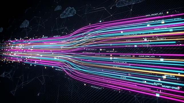 Digital data packets and network flow visualization with glowing light trails and technical metadata labels on a dark background transparent background