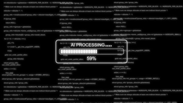 Ai processing loading bar with glitch effect on digital programming code background, artificial intelligence