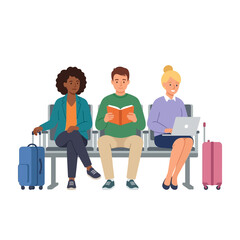 Obraz premium Travelers Waiting at Airport with Luggage and Devices