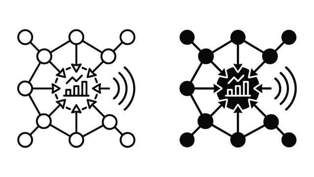 Data aggregation and business analytics network line and solid icon