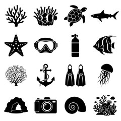 Underwater marine life and scuba diving equipment icons in black silhouette © md aiub 