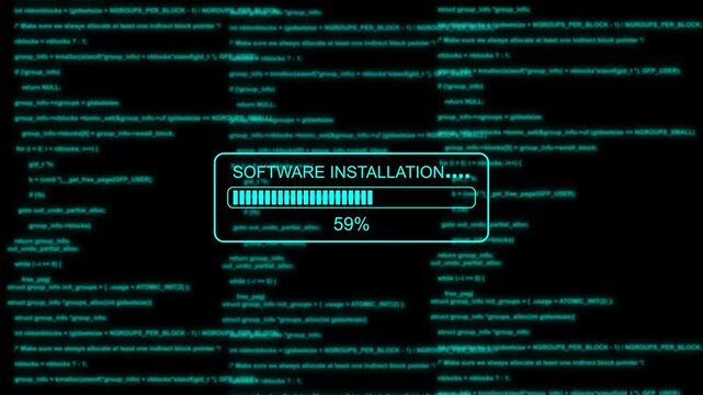 Software installation progress bar with glitch effect and scrolling computer code background loading