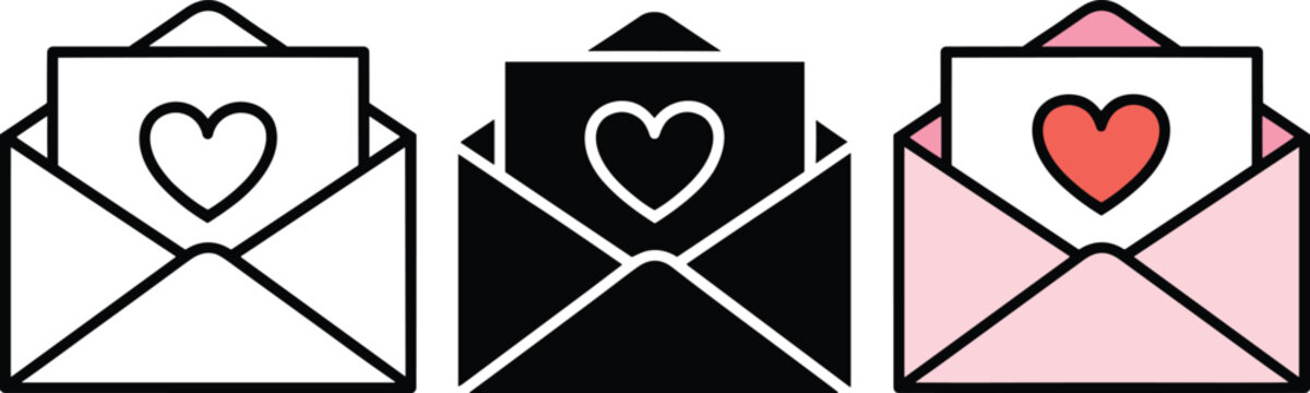 Open envelope love letter vector set with heart card icons in line solid and pink styles isolated on white background