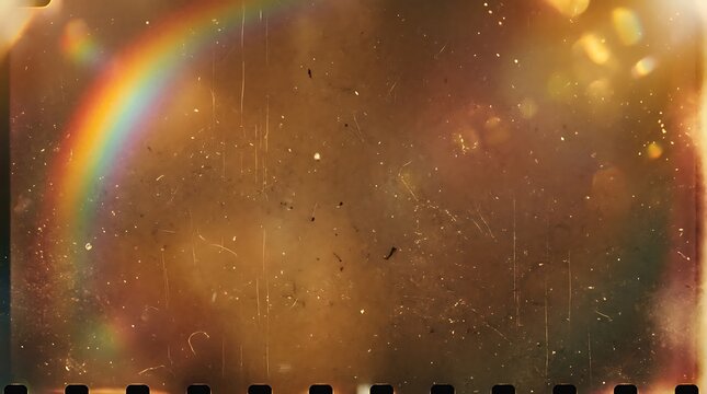A vintage film frame with a subtle rainbow lens flare and dust motes, evoking nostalgia and a dreamy, ethereal atmosphere