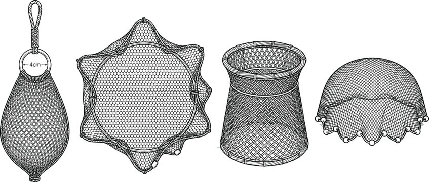 Traditional wire mesh fish trap and netting cage icon set showing casting nets for aquaculture harvesting vector line illustration.