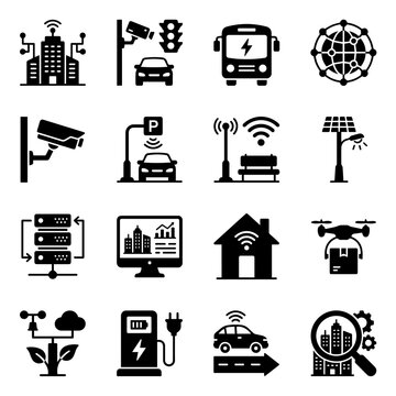 Smart city and eco technology icon set with technology infrastructure internet
