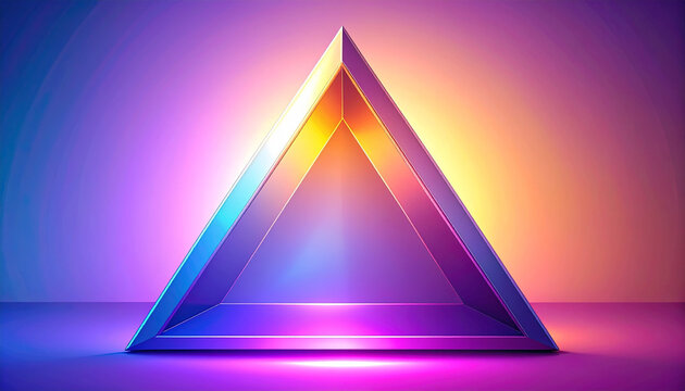 A glowing, iridescent triangular prism frame with vibrant gradient colors against a colorful background.