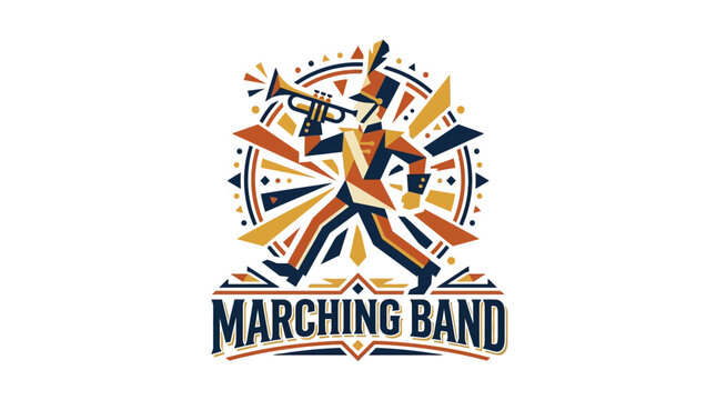Dynamic illustrative logo for energetic marching band performance with trumpet with geometric logo with showcases vibrant geometric, celebrating spirit marching