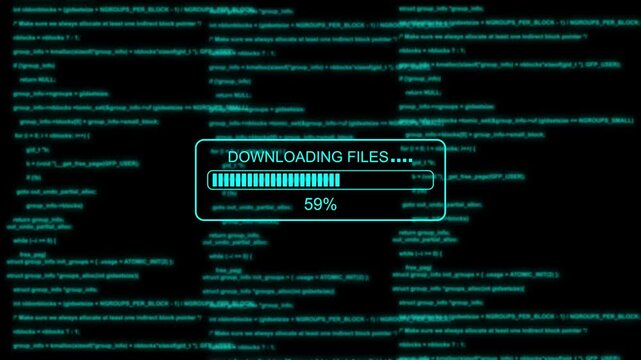 Digital file download progress bar with glitch effect and scrolling source code background, loading data
