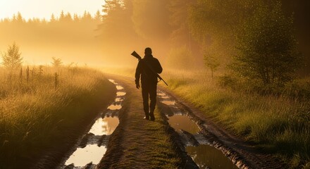 Obraz premium Silhouette of a Hunter Walking Down a Muddy Forest Road at Sunrise with Golden Mist and Puddles