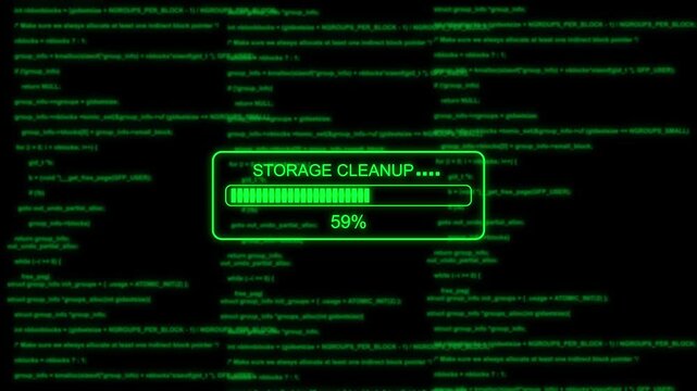 Digital storage cleanup progress bar with glitchy green programming code background, loading screen computer code
