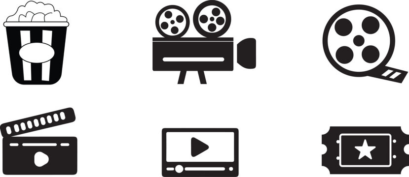 set of movie icons. Cinema and Movie Entertainment Flat Icon Set Collection Vector. Popcorn box, movie, clapper board, film, movie, tv, video and other Movie Symbols Vector Icon Set