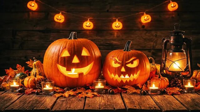 Spooky halloween pumpkins and candles on a wooden table