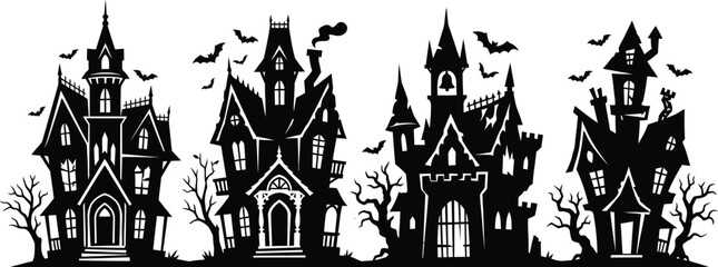 Naklejka premium Spooky halloween day silhouette haunted houses bats and creepy trees for festive decorations