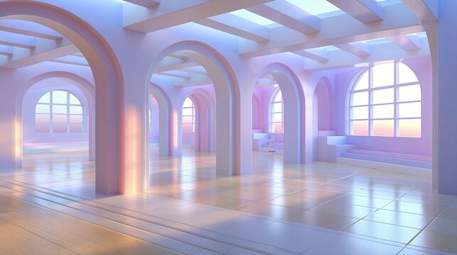 Surreal pastel pink and blue arched hall with large windows and soft light