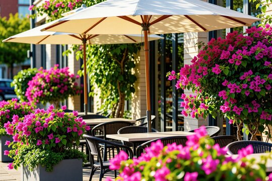 Outdoor cafe terrace with tables and chairs under umbrellas. Bright pink bougainvillea flowers bloom around seating area. Green plants and sunny weather create a pleasant atmosphere for dining.