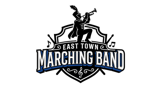 Vibrant black and white marching band logo featuring trumpeter silhouette with musical notes with shield emblem retro color scheme intricate musical note accents