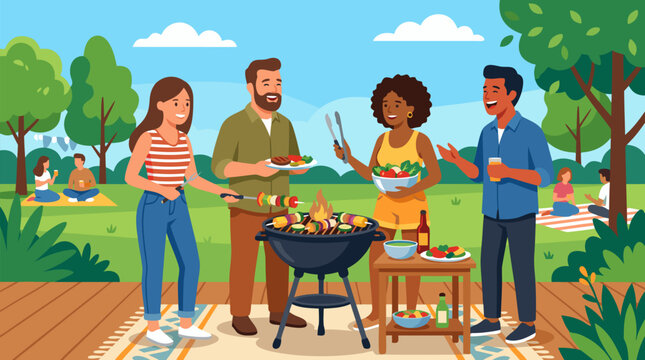 Cheerful diverse group of friends enjoying a sunny outdoor barbecue grilling fresh colorful vegetables on a wooden deck surrounded by lush green park trees and happy people relaxing on picnic