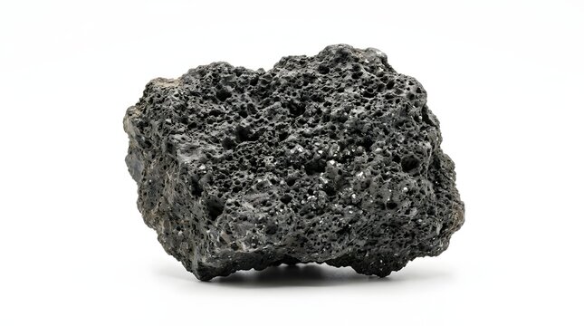 Porous volcanic rock isolated white background with lunar lander component gold foil texture close-up